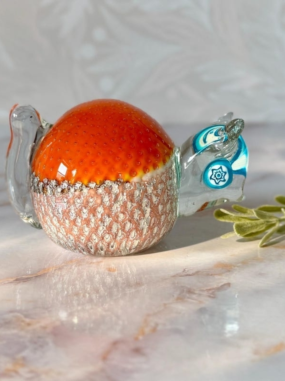 Vintage Murano Millefiori Art Glass Snail Orange Blue Silver Figurine